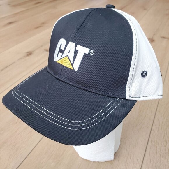 CAT Caterpillar Raised Logo Adjustable Strap Back Curve Bill Style Black Tan Hat - Picture 2 of 11